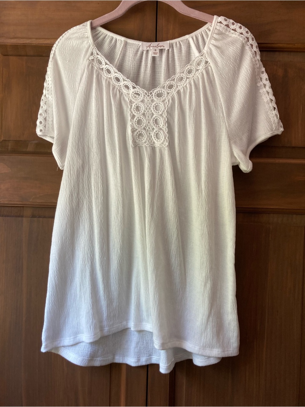 Anneliese Textured White Top with Lace Accents Medium